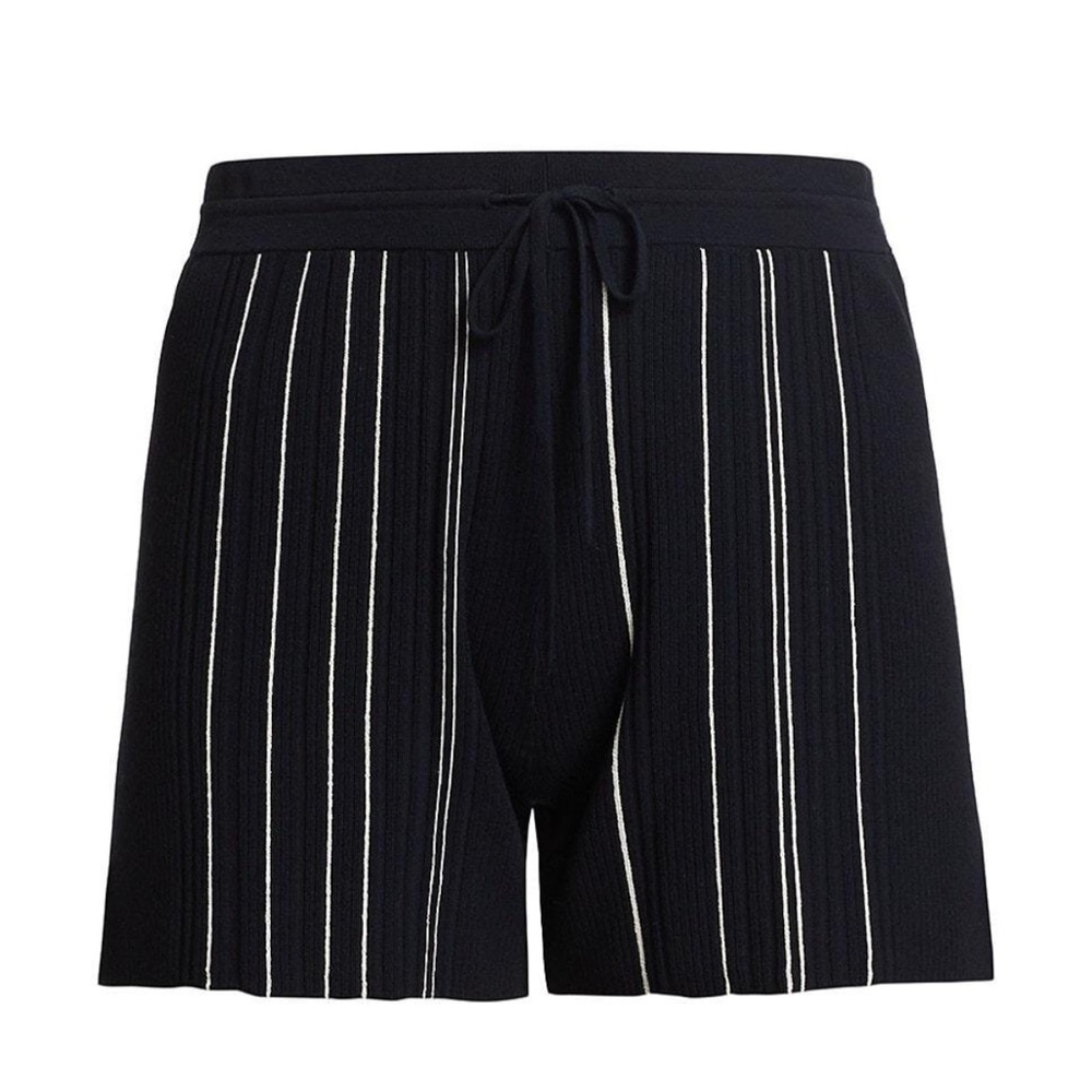 Theory navy pleated drawstring shorts with white stripes